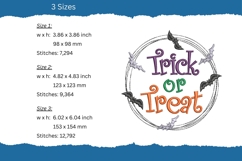 Trick or treat embroidery design - bats embroidery design - Halloween embroidery pattern - sizes and stitches information
