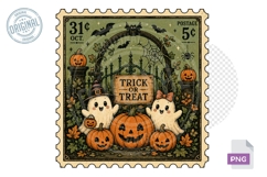 Trick or Treat Ghosts Pumpkin Halloween Stamp PNG Design Product Image 1