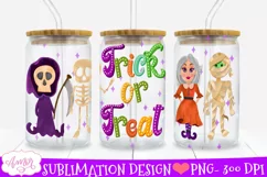 trick or treat handlettered with a cute mummy, witch and skeleton