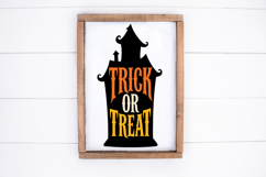 Digital SVG, PNG, DXF and EPS design with a whimsical haunted house shape and large stacked Trick or Treat wording for Halloween projects.