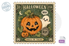Trick or Treat Pumpkin Ghost Halloween Stamp PNG Design Product Image 1
