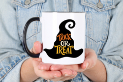 Digital SVG, PNG, DXF and EPS design with a large black witch hat and contrasting Trick or Treat text across three lines.