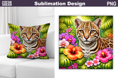 Ocelot Tropical Floral PNG | Jungle Cat Sublimation Design Product Image 1