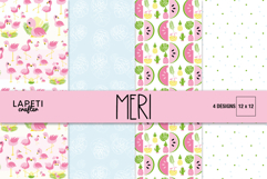 Tropical digital paper set with flamingos, watermelon, pineapple and leaf patterns for summer crafts.