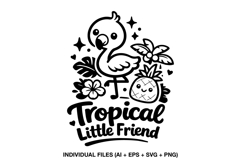 Cute black flamingo design with tropical leaves and pineapple.