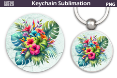 Tropical Floral Round Keychain | Summer Flowers Key Keychain Product Image 1