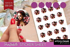 Floral Girl Round Sticker - Tropical Flowers Printable Sheet Product Image 1