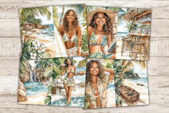 GlamArtZhanna, tropical journal kit, beach collage sheet, african american, woman scrapbook, exotic download, hawaii journal, coastal printable, monstera leaves, hula girls, summer digital, ocean ephemera, junk journal, tropical paper