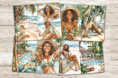 GlamArtZhanna, tropical journal kit, beach collage sheet, african american, woman scrapbook, exotic download, hawaii journal, coastal printable, monstera leaves, hula girls, summer digital, ocean ephemera, junk journal, tropical paper
