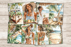 GlamArtZhanna, tropical journal kit, beach collage sheet, african american, woman scrapbook, exotic download, hawaii journal, coastal printable, monstera leaves, hula girls, summer digital, ocean ephemera, junk journal, tropical paper