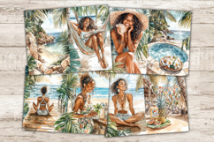 GlamArtZhanna, tropical journal kit, beach collage sheet, african american, woman scrapbook, exotic download, hawaii journal, coastal printable, monstera leaves, hula girls, summer digital, ocean ephemera, junk journal, tropical paper