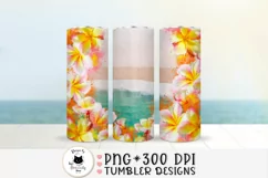 tropical tumbler wrap with hawaiian flowers shown on a beach background