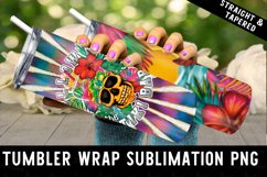 summer sublimation tumbler wrap design, with a tropical skull cocktail and the words &quot;follow me to the tiki bar,&quot; and a breathtaking tropical beach sunset.