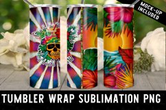 summer sublimation tumbler wrap design, with a tropical skull cocktail and the words &quot;follow me to the tiki bar,&quot; and a breathtaking tropical beach sunset.