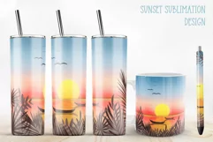 tropical sunset with a boat sublimation design for tumbler and mug and pen