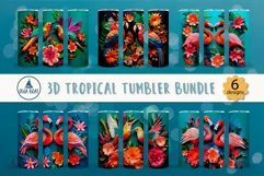 3D Tropical tumbler sublimation design with flamingos, hummingbirds and parrots tumbler wrap
