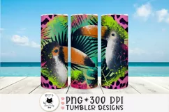 tropical tumbler wrap with toucans shown on a beach mockup