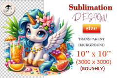 Adorable winged unicorn sitting on sand with juicy watermelon, orange slices, and a fruity drink, perfect for summer-themed designs.