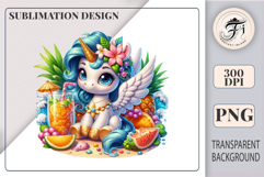 Adorable winged unicorn sitting on sand with juicy watermelon, orange slices, and a fruity drink, perfect for summer-themed designs.