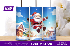 Cartoon Santa Claus Flying Over Winter Town Tumbler Png Art Product Image 1