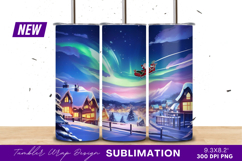 Santa Claus Flying Over Snowy Village At Night Tumbler Png Product Image 1