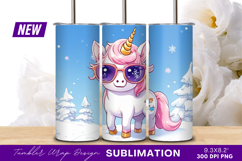 Winter Unicorn Wearing Sunglasses In Snowy Scene Tumbler Png Product Image 1