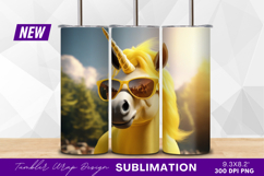 Yellow unicorn with sunglasses in sunny meadow Tumbler Png Product Image 1