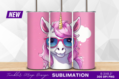 Cute unicorn with sunglasses pink background tumbler png Product Image 1