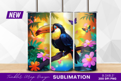 Cartoon toucan amidst jungle flowers and butterflies tumbler Product Image 1