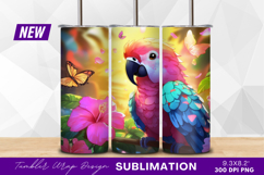 Cartoon parrot with hibiscus flowers and butterflies tumbler Product Image 1
