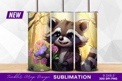 Cartoon raccoon holds flowers in a forest tumbler png Product Image 1