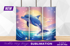Cartoon dolphin leaping at sunset tumbler png Product Image 1