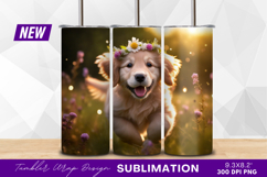 Golden retriever puppy with flower crown running tumbler Product Image 1