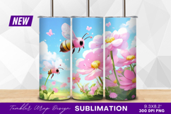 Pink cartoon bees flying over pink flowers tumbler Product Image 1