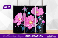 Pink cosmos flowers on black background tumbler png Product Image 1