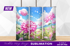 Pink dahlias blooming in a flower field tumbler png Product Image 1
