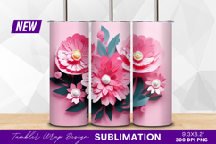 Pink paper flowers with green leaves arrangement tumbler png Product Image 1