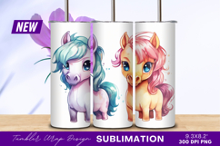 Two Cute Watercolor Ponies Cartoon Animals Tumbler Png Product Image 1