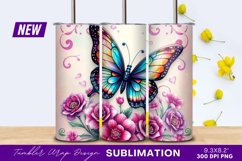 Colorful Butterfly With Pink Flowers Illustration Tumbler Product Image 1