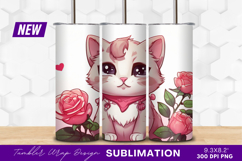 Cute cartoon kitten surrounded by pink roses Tumbler Png Product Image 1