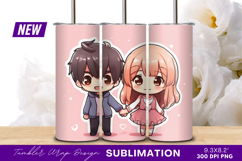 Chibi couple holding hands on pink background Tumbler Png Product Image 1