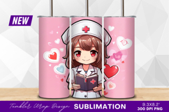 Cute cartoon nurse with hearts background tumbler png Product Image 1