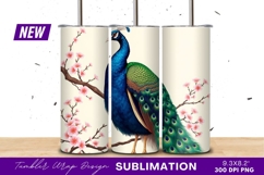 Peacock on branch with pink blossoms tumbler png Product Image 1