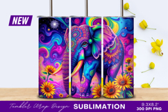 Colorful Psychedelic Elephant With Sunflowers Tumbler Png Product Image 1