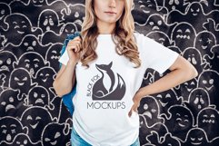 White tshirt model Halloween mockup on spooky BG with ghosts Product Image 1