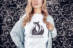 White tshirt model Halloween mockup on spooky BG with ghosts Product Image 1