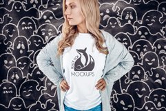 White tshirt model Halloween mockup on spooky BG with ghosts Product Image 1