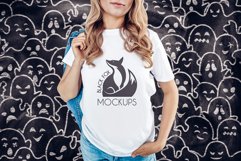 White tshirt model Halloween mockup on spooky BG with ghosts Product Image 1