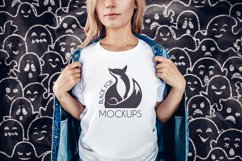White tshirt model Halloween mockup on spooky BG with ghosts Product Image 1