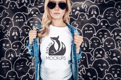 White tshirt model Halloween mockup on spooky BG with ghosts Product Image 1